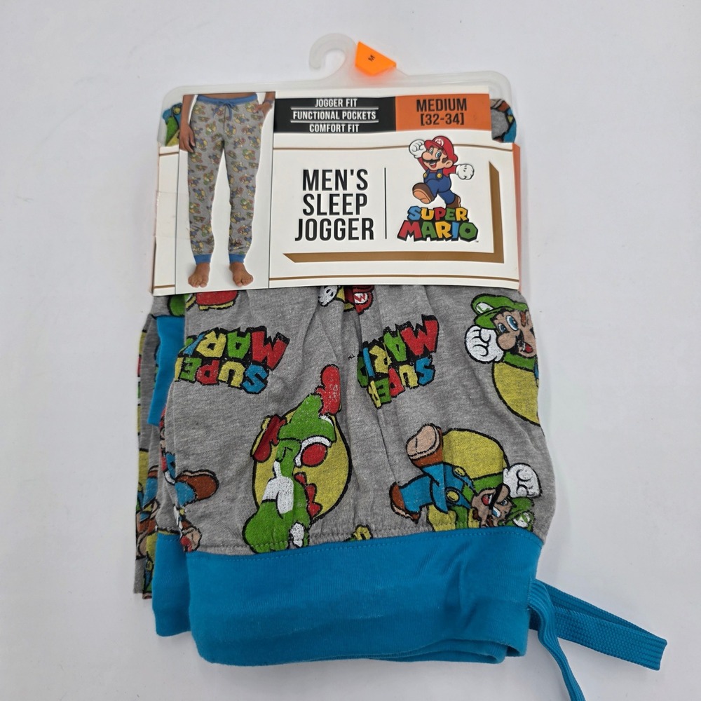 Nintendo Super Mario Mens Sleep Jogger Pajama Pants Gray Blue Medium 32-34